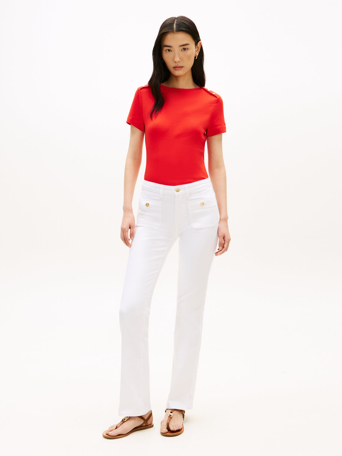 Gold-Tone Button Slim Boat Neck T-Shirt
