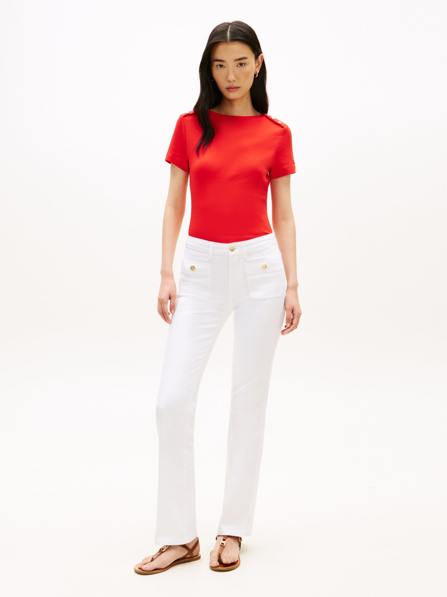 Gold-Tone Button Slim Boat Neck T-Shirt