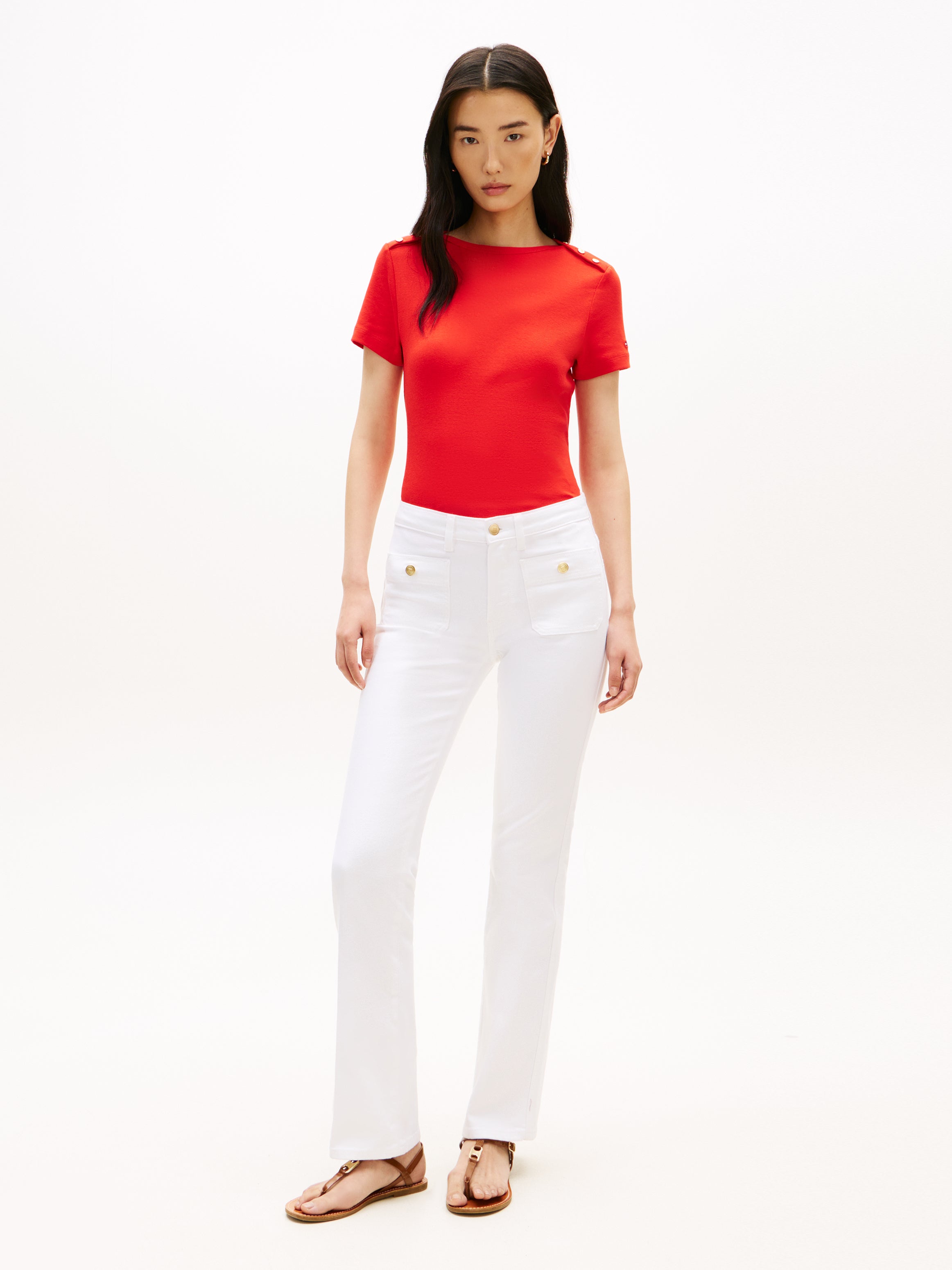 Gold-Tone Button Slim Boat Neck T-Shirt