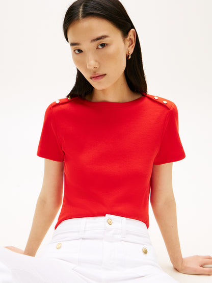 Gold-Tone Button Slim Boat Neck T-Shirt