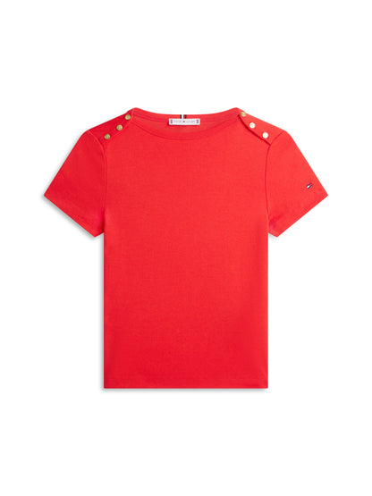 Gold-Tone Button Slim Boat Neck T-Shirt