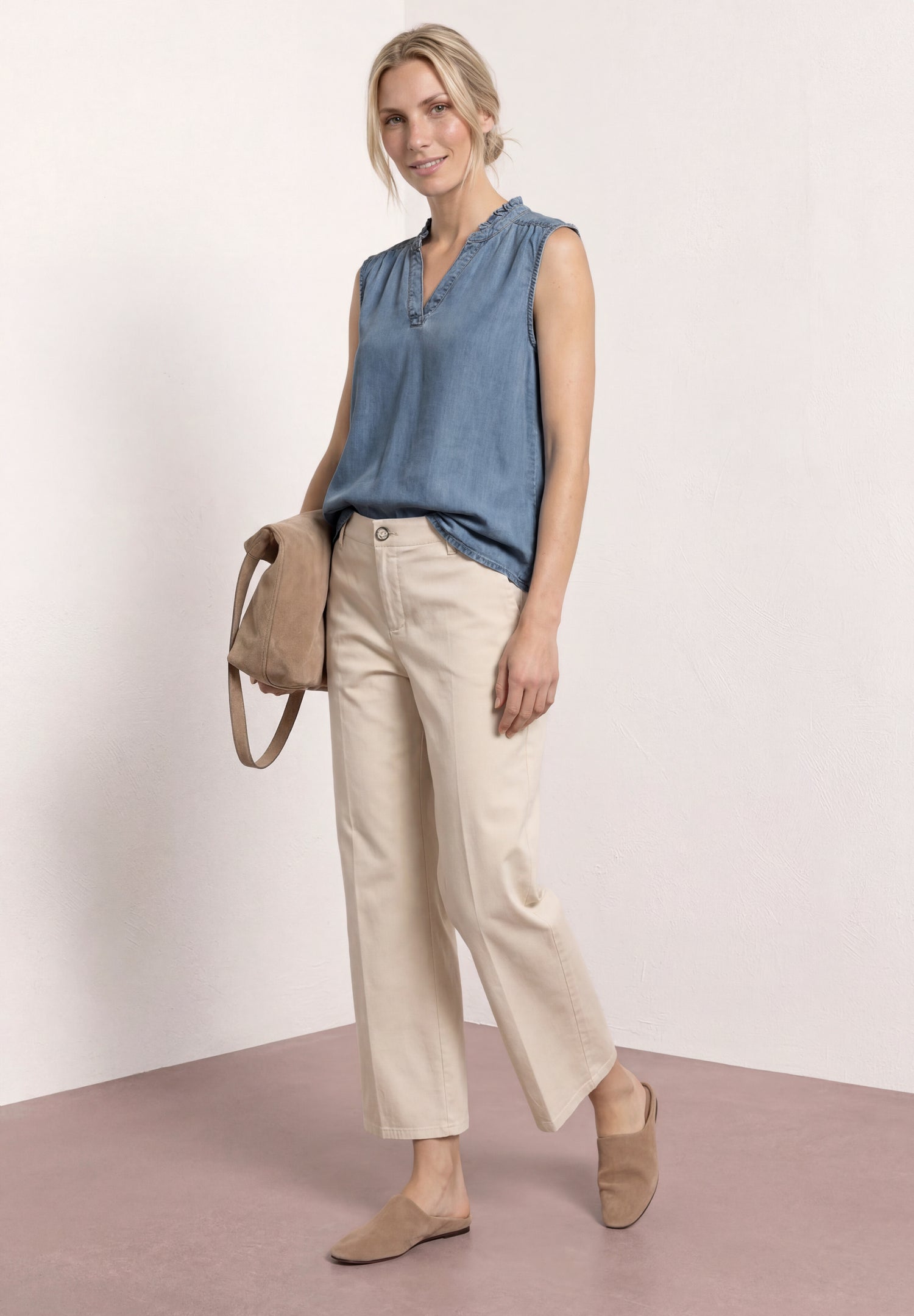 Blusentop mit Rüschen im Denim-Look