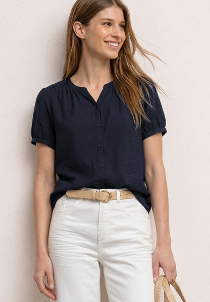 Kurzarm Bluse mit Split Neck und Knöpfen