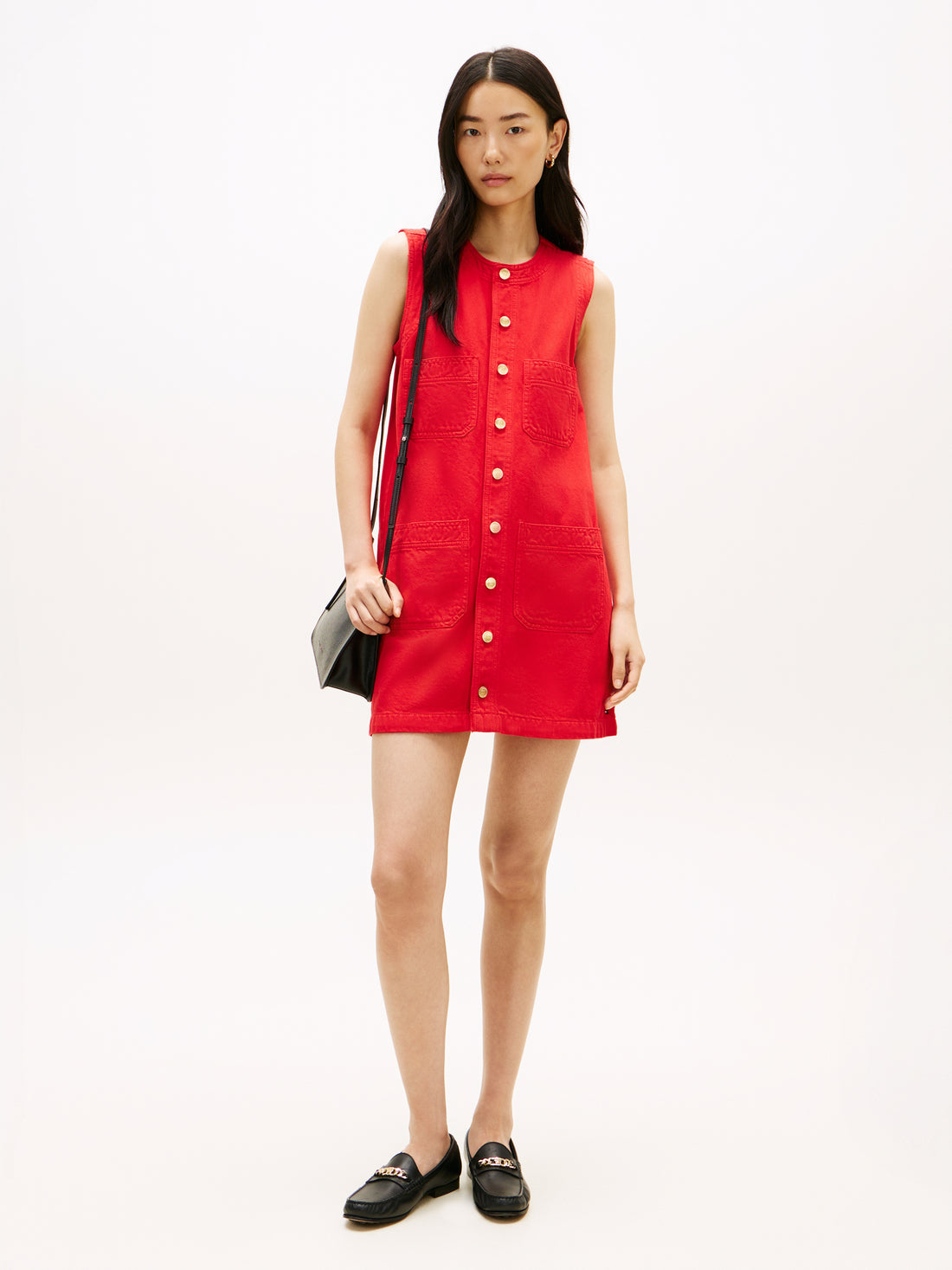 Gold-Tone Button Denim Mini Shift Dress