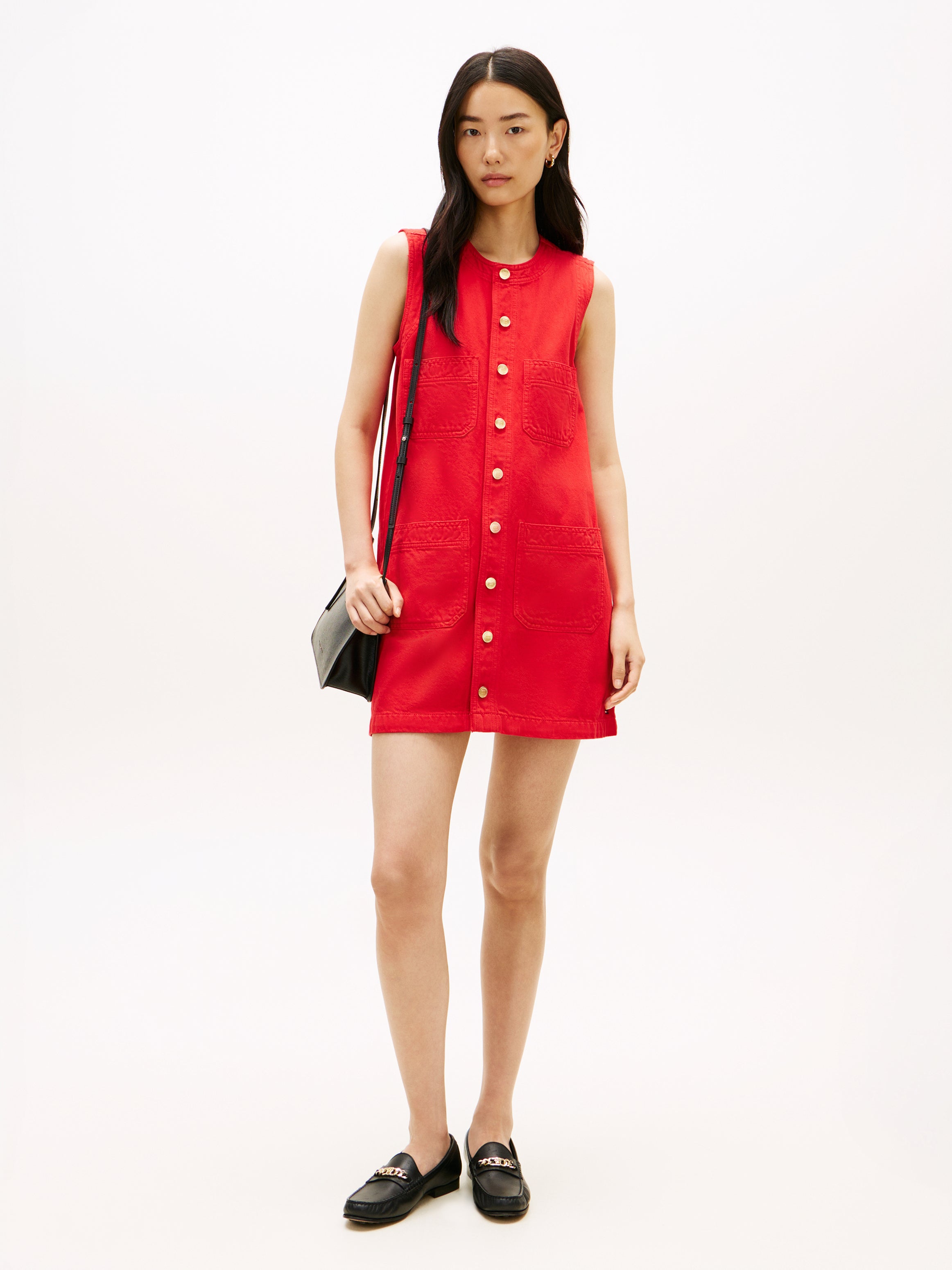 Gold-Tone Button Denim Mini Shift Dress
