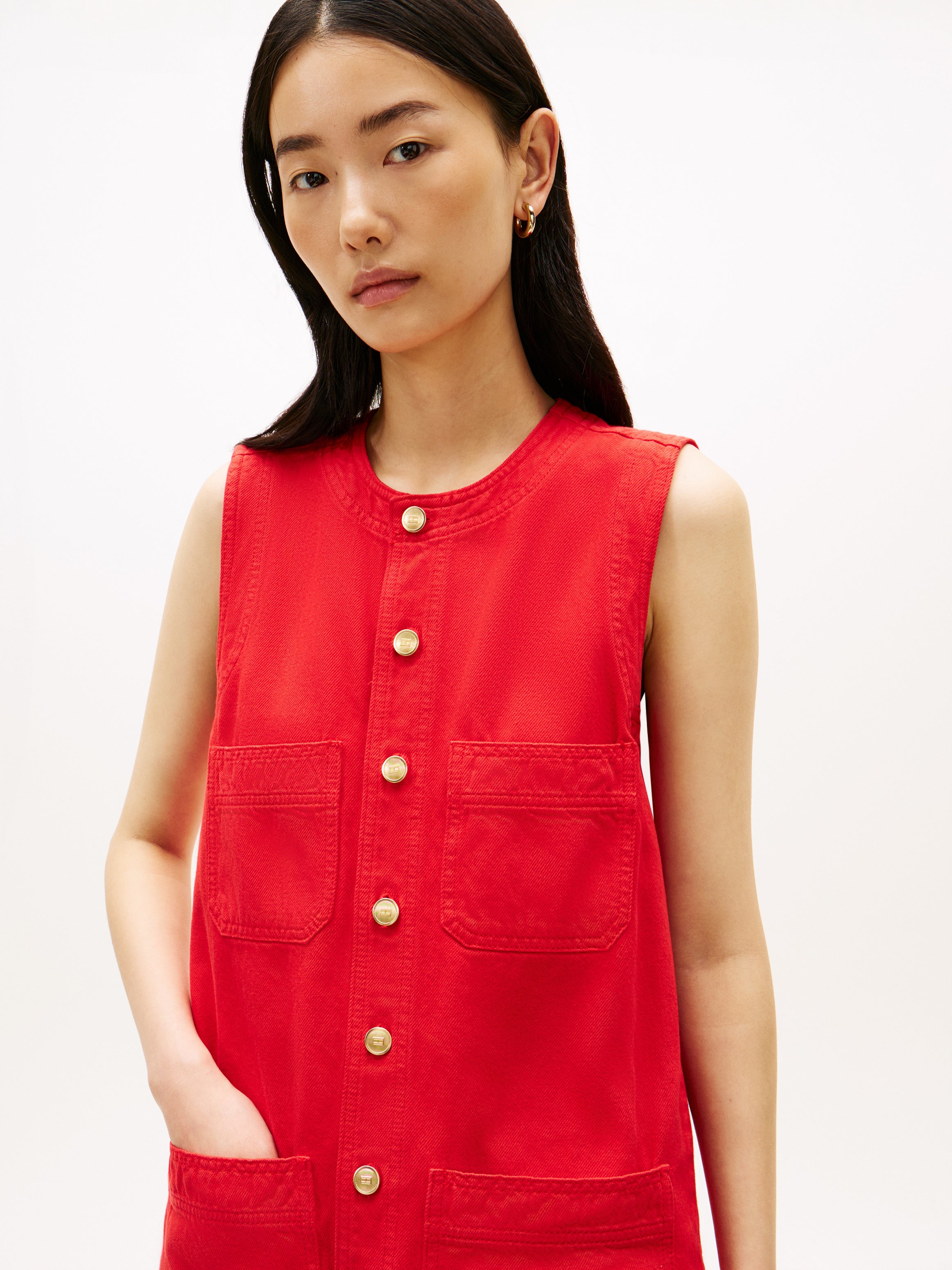 Gold-Tone Button Denim Mini Shift Dress