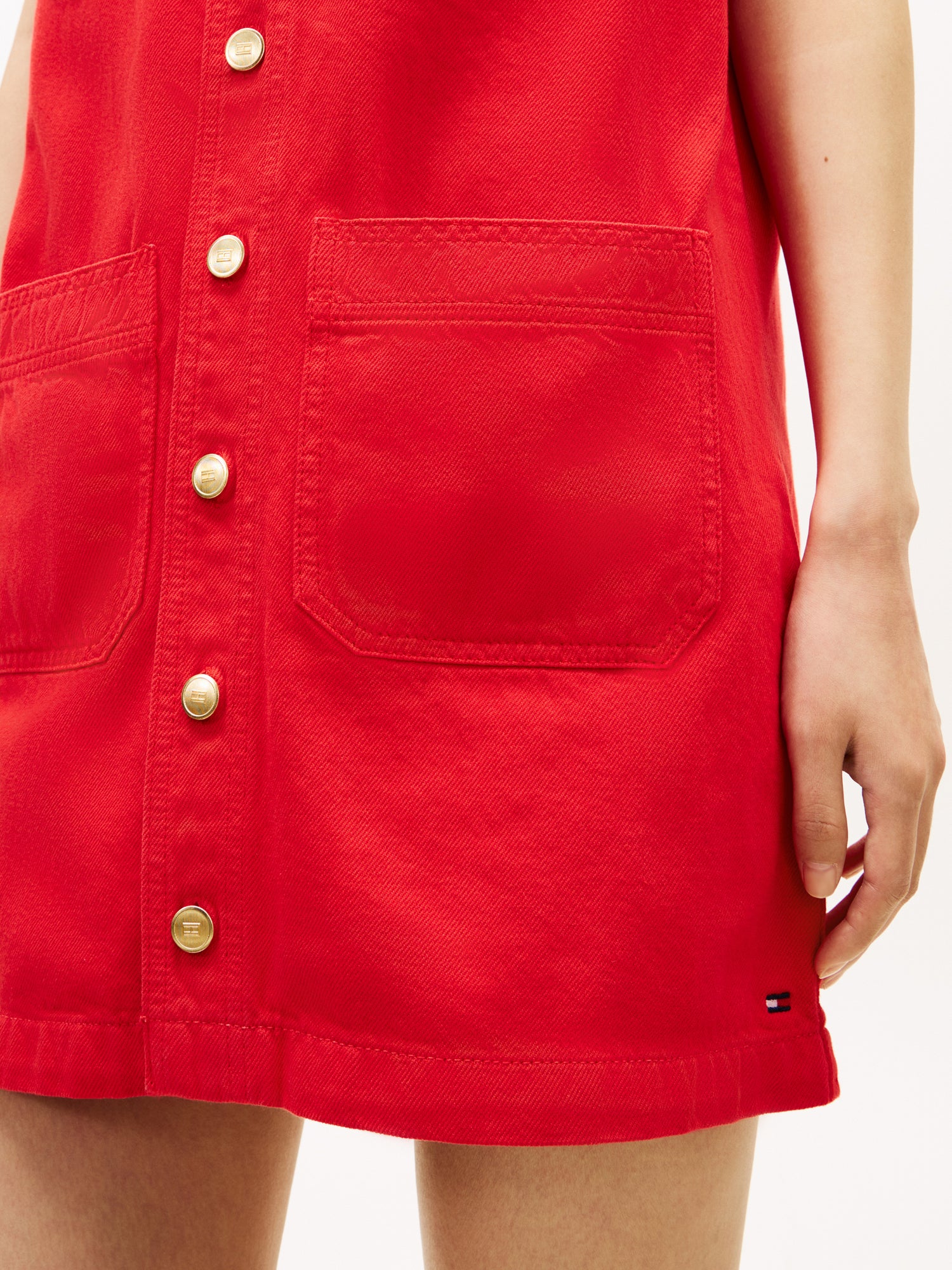 Gold-Tone Button Denim Mini Shift Dress