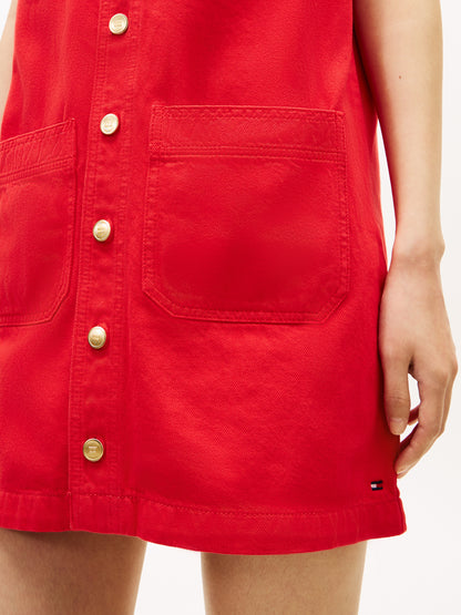 Gold-Tone Button Denim Mini Shift Dress