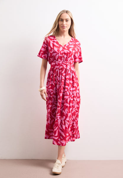 Midi-Kleid mit Print und Smok-Detail