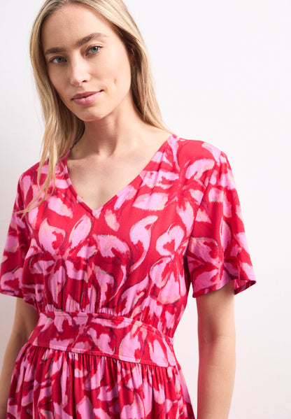 Midi-Kleid mit Print und Smok-Detail
