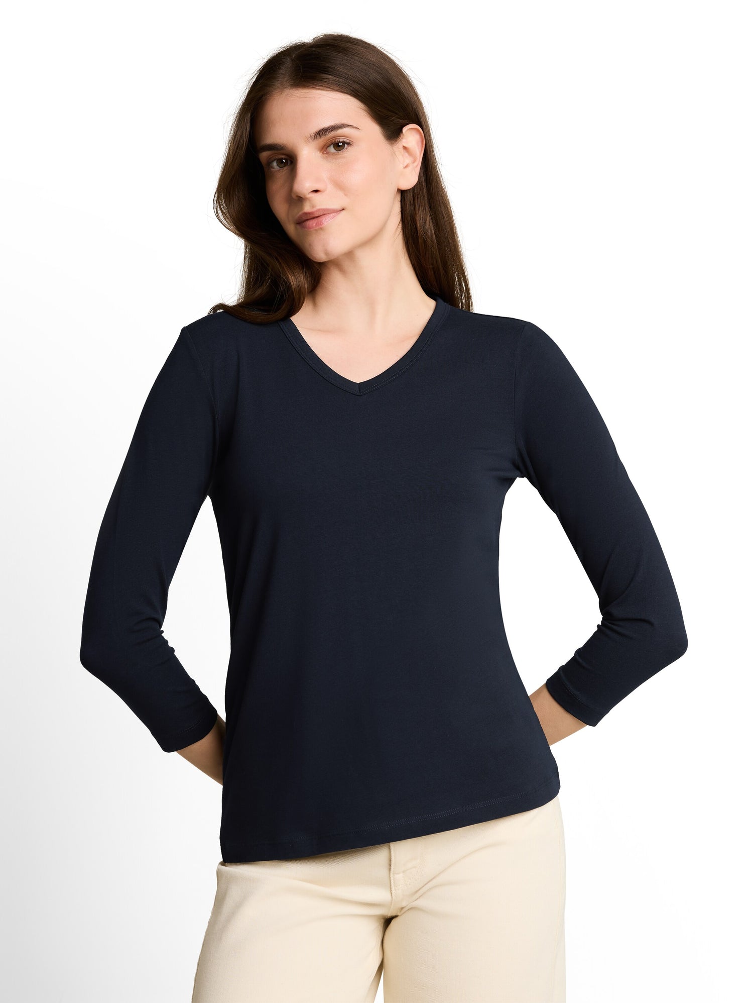 Basic Langarmshirt mit V-Ausschnitt