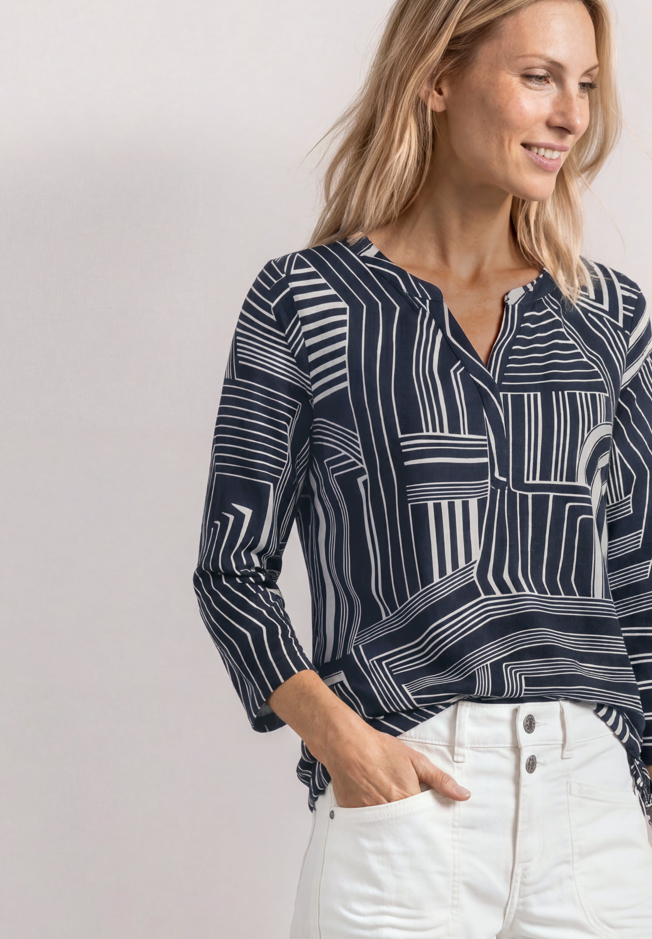 3/4-Arm Shirt mit Split Neck und Print