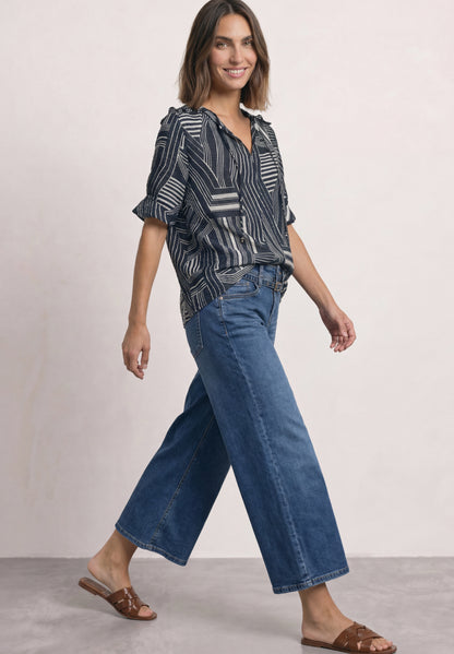Kurzarm Bluse mit Split Neck und Print