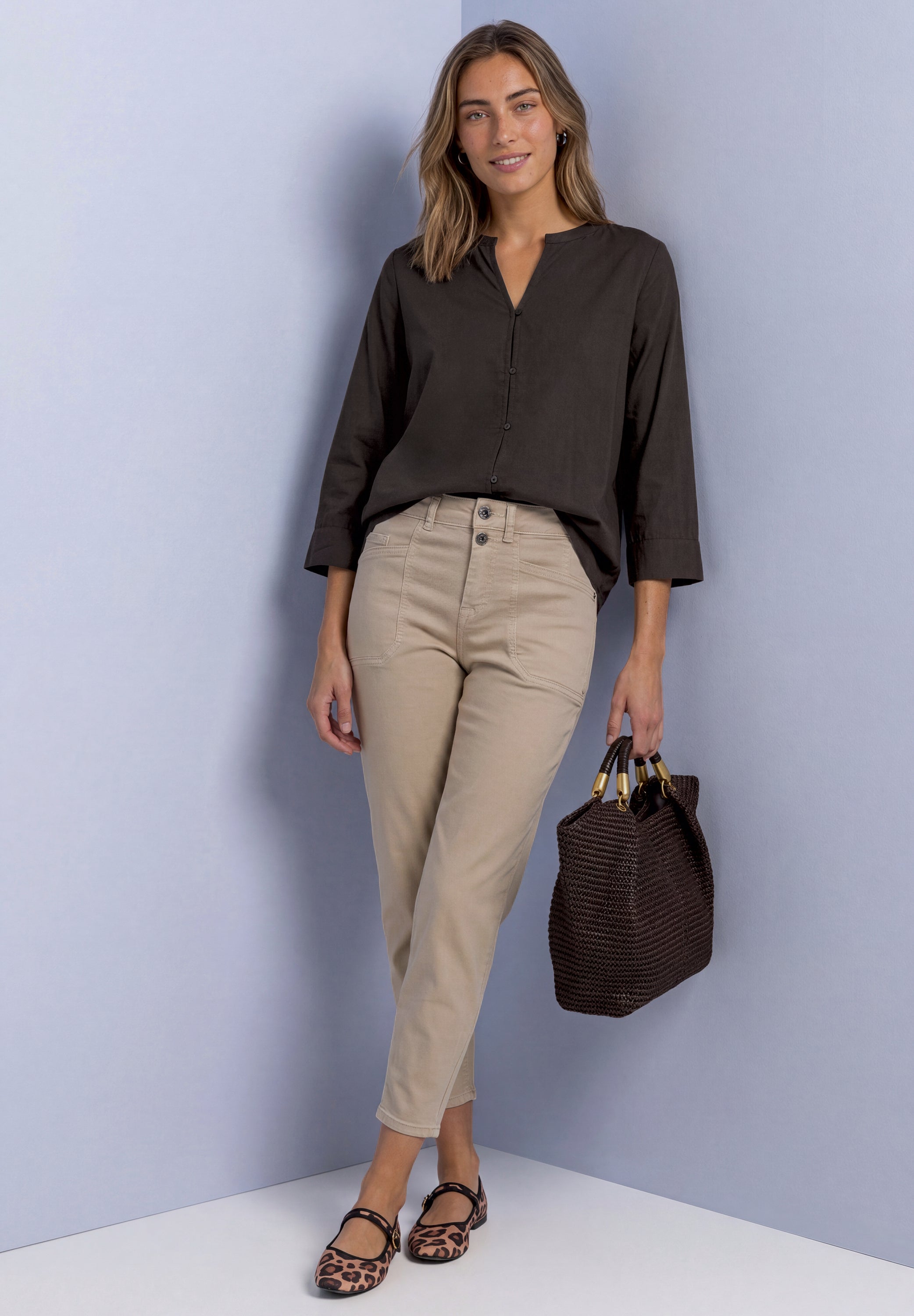3/4-Arm Bluse mit Split Neck