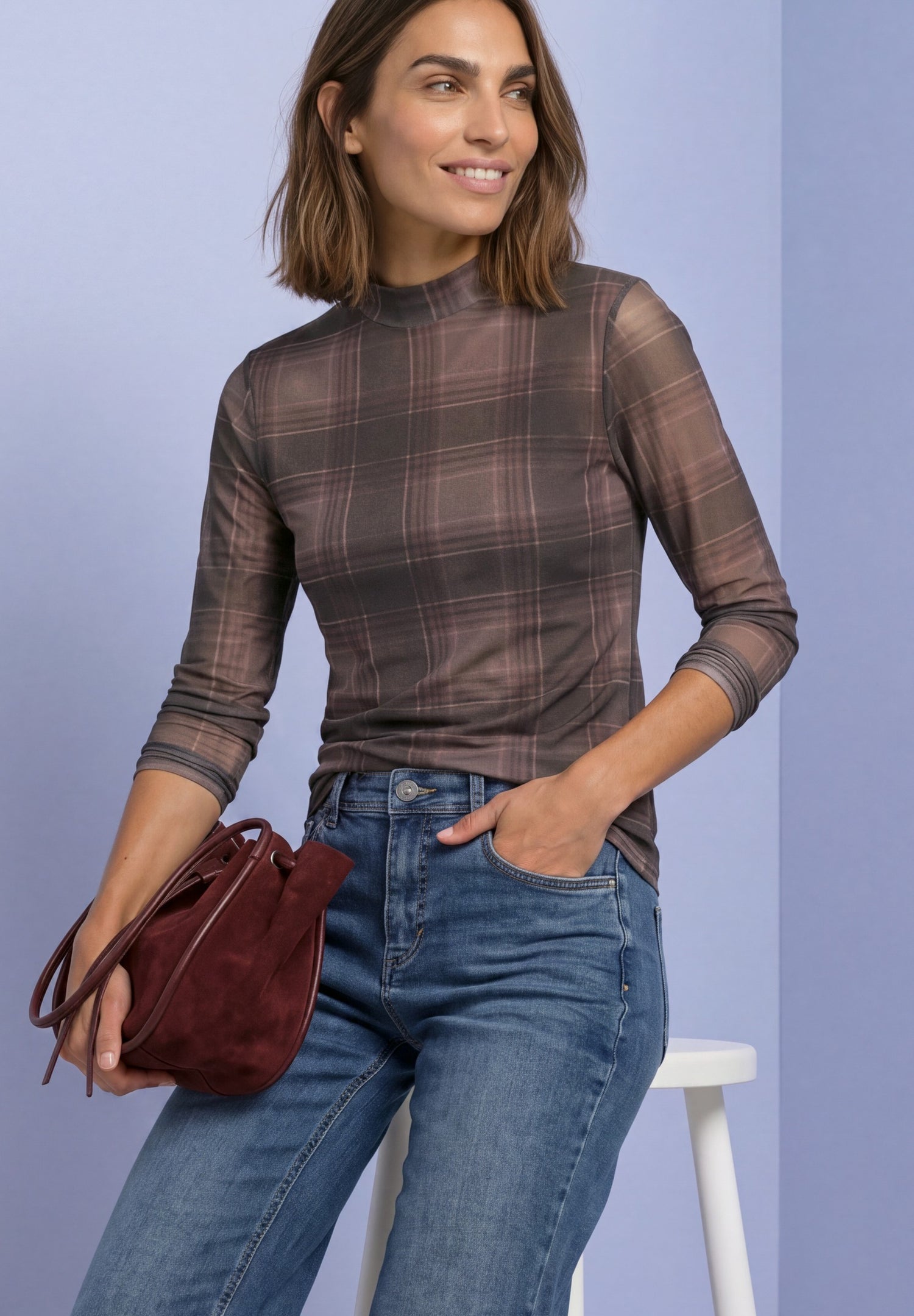 Langarm Mesh-Shirt mit Rundhals und Print