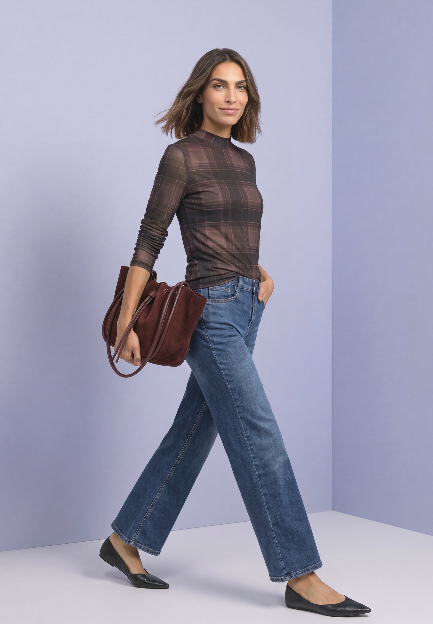 Langarm Mesh-Shirt mit Rundhals und Print