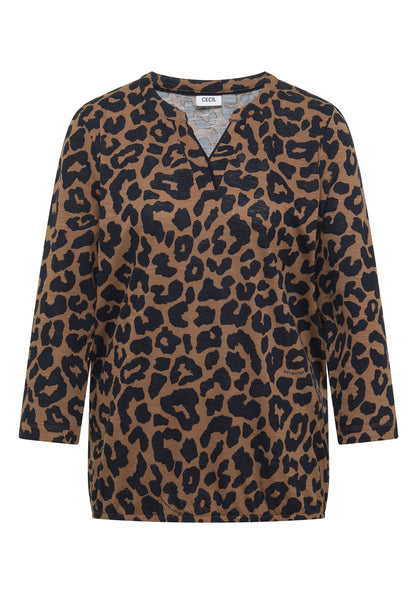 3/4-Arm Shirt mit Split Neck und Leo-Muster