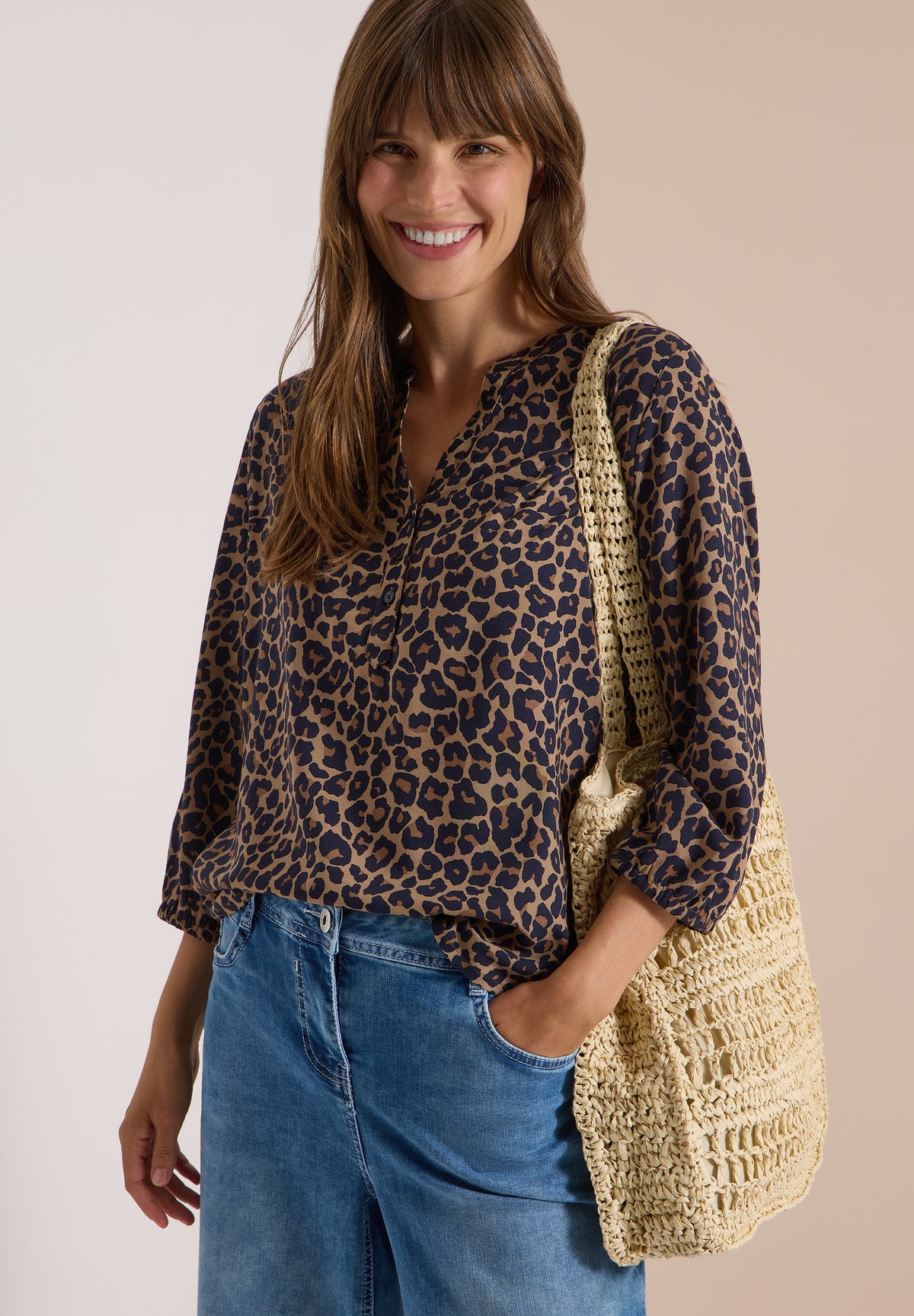 3/4-Arm Tunika mit Split Neck und Leo-Muster