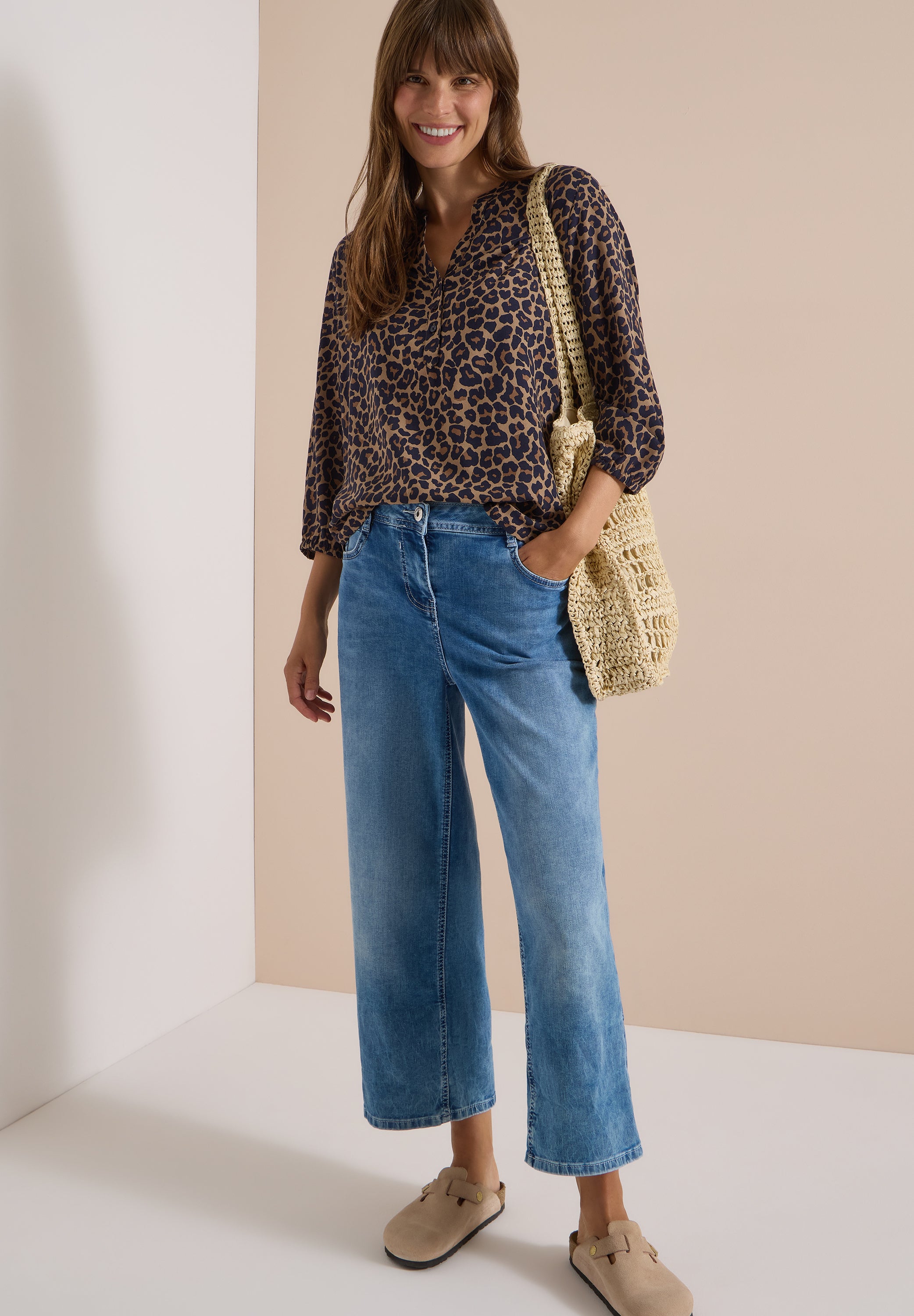 3/4-Arm Tunika mit Split Neck und Leo-Muster