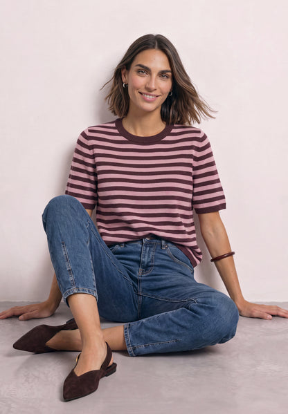 Kurzarm Pullover mit Rundhals und Streifen