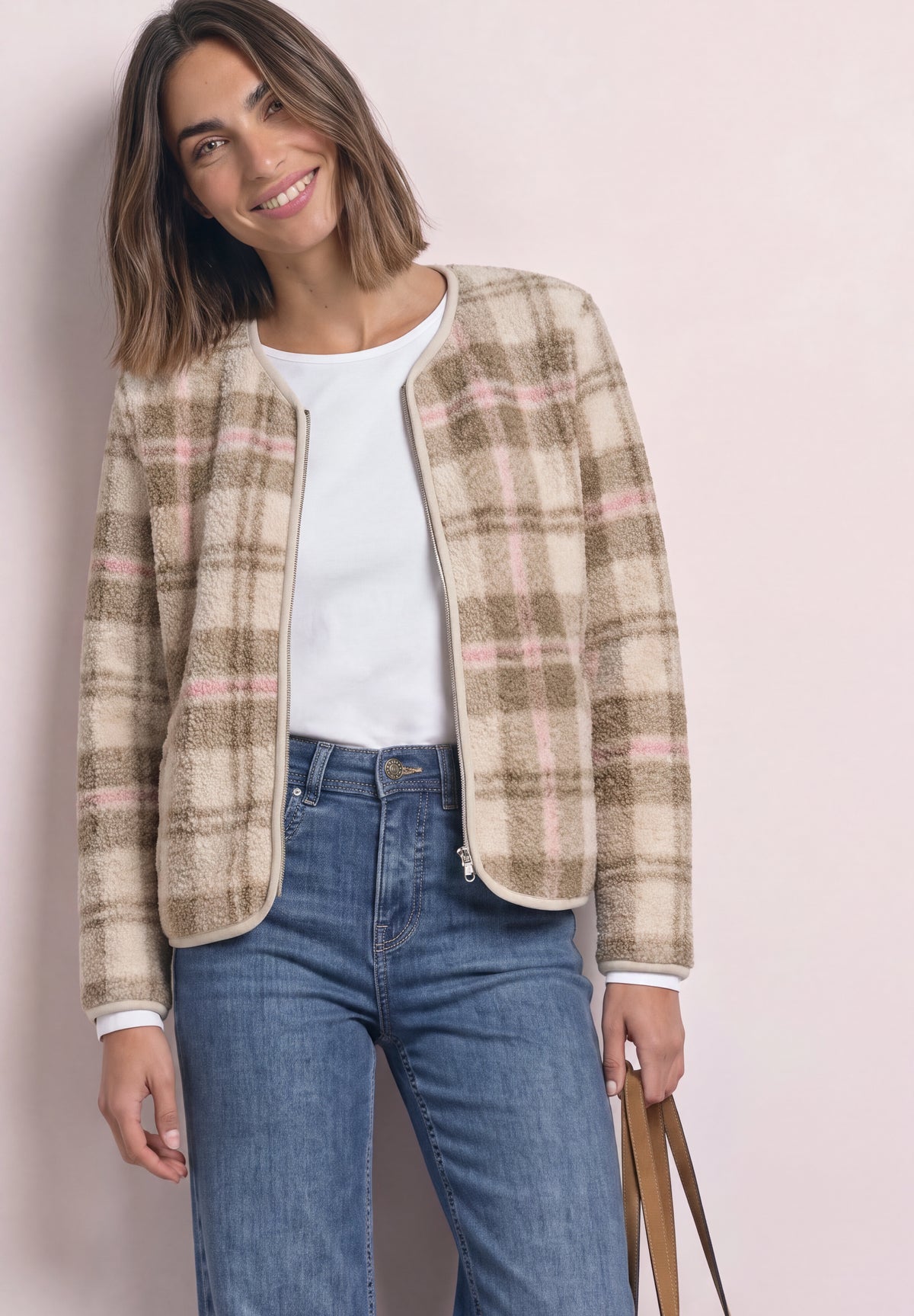 Teddy-Jacke mit Rundhals und Print