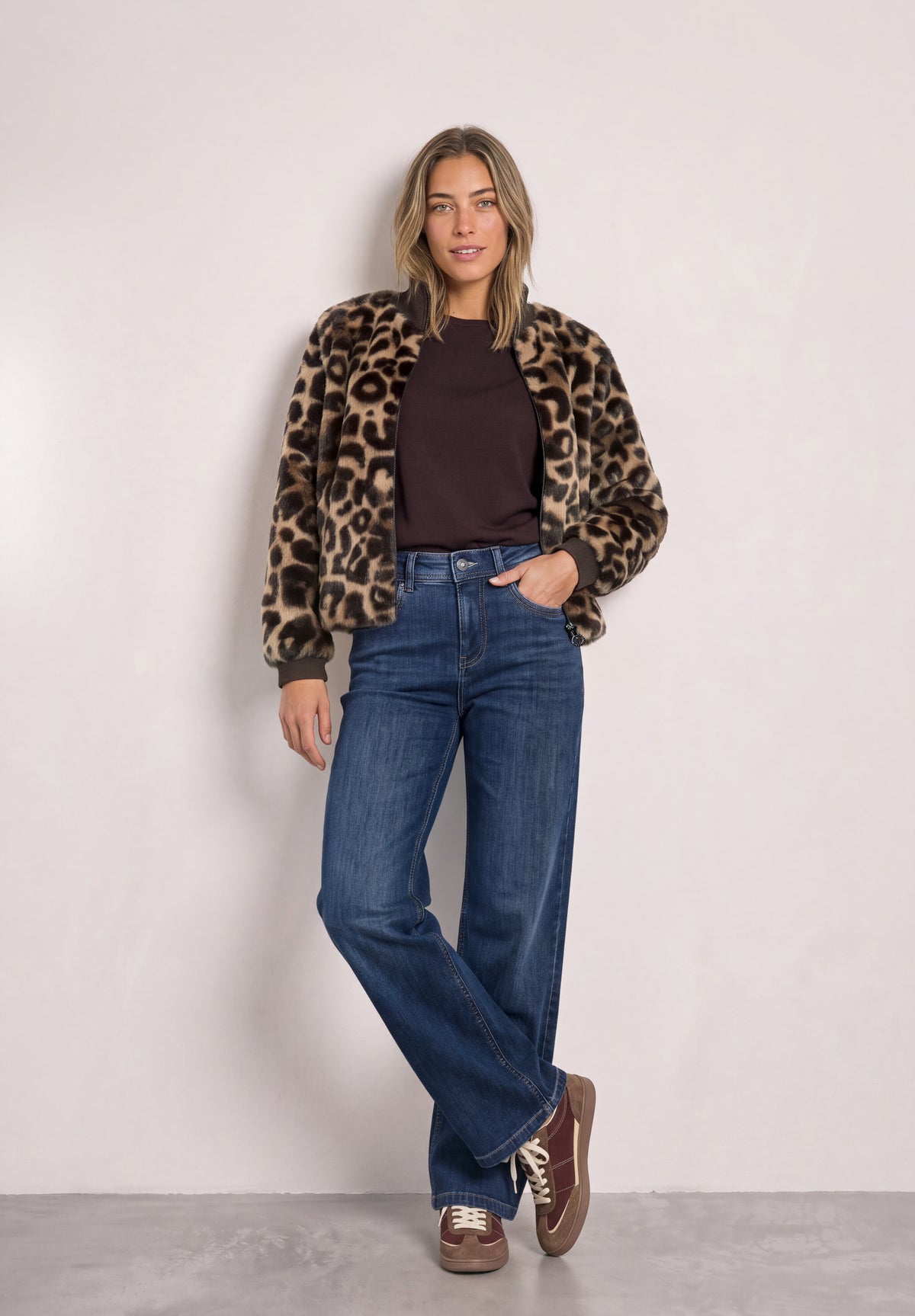 Fake Fur Blouson mit Strickdetails und Print