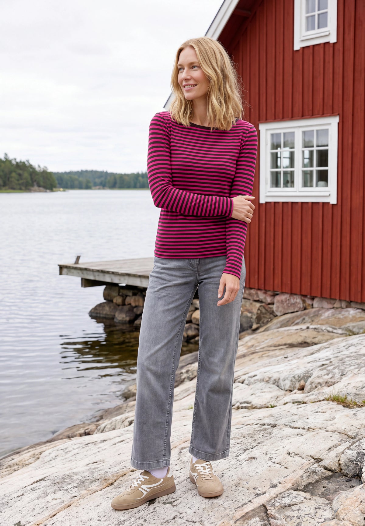 Langarm Shirt mit Boat Neck und Streifen